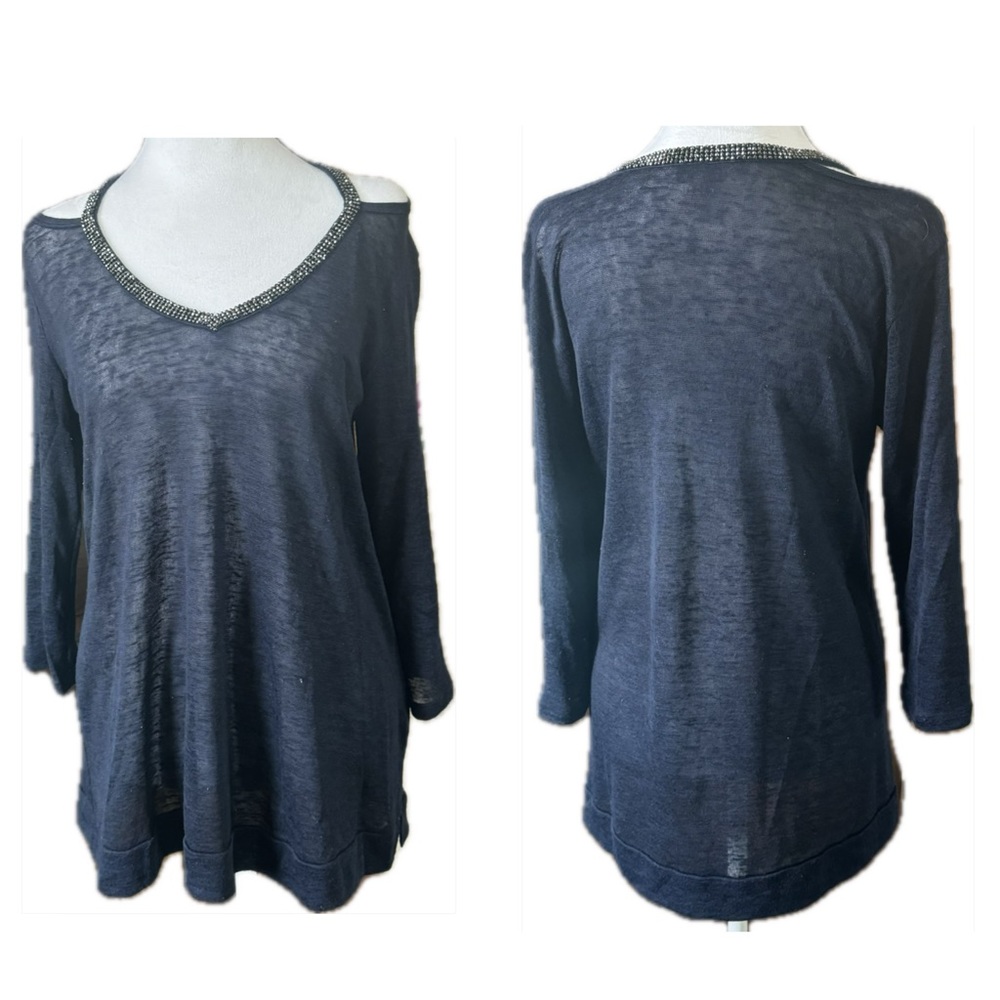 Juicy Couture Blue Bejeweled Neck Open Shoulder Sweater Size Medium